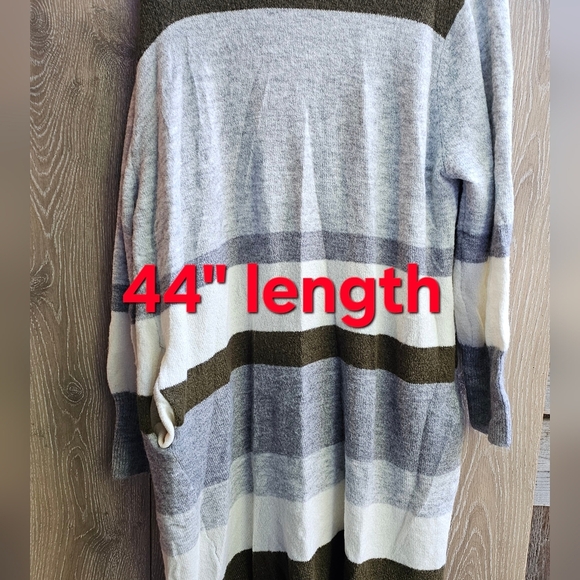 Three Bird Nest Long Cardigan Olive, Gray, Cream Striped Women's Cardigan L/XL - Picture 5 of 5